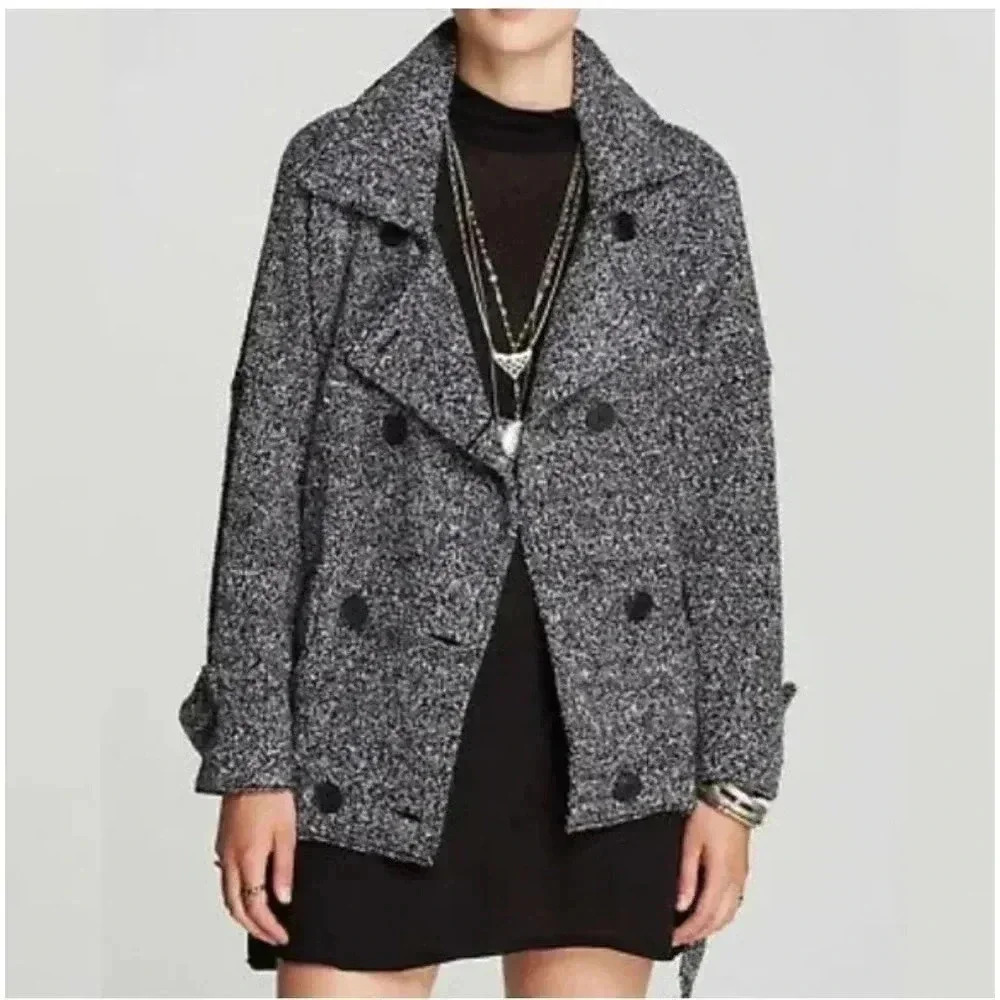 Free People Slouchy Moto Jacket Belted Wool Blend Trench Pea Coat Black XS - Picture 1 of 5